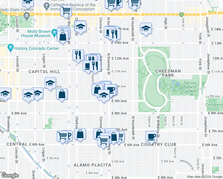 map of restaurants, bars, coffee shops, grocery stores, and more near 976 North Downing Street in Denver