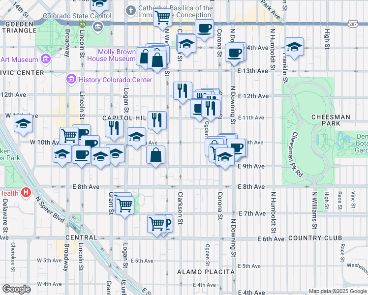 map of restaurants, bars, coffee shops, grocery stores, and more near 980 North Clarkson street in Denver