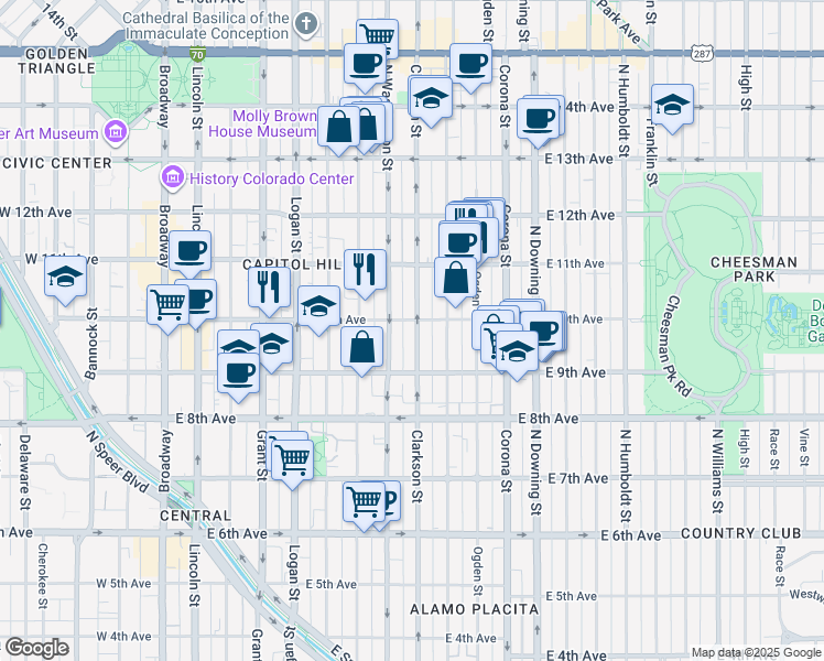 map of restaurants, bars, coffee shops, grocery stores, and more near 980 North Clarkson street in Denver