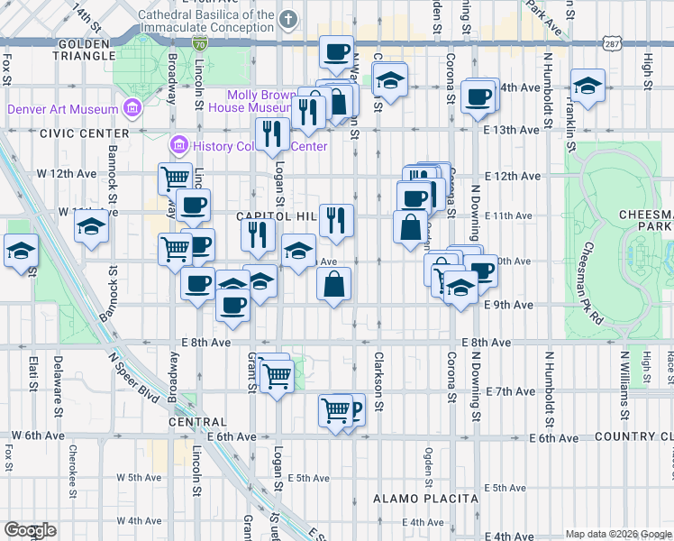 map of restaurants, bars, coffee shops, grocery stores, and more near 975 North Washington Street in Denver