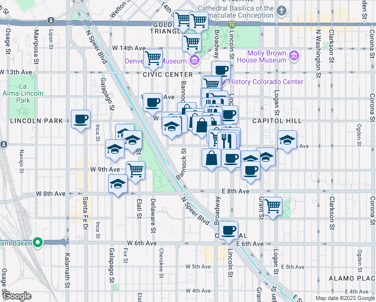 map of restaurants, bars, coffee shops, grocery stores, and more near in Denver