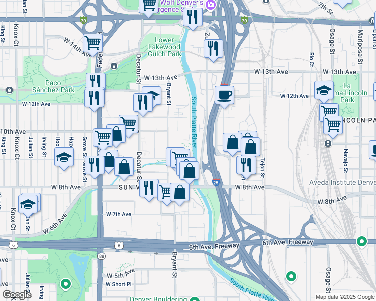 map of restaurants, bars, coffee shops, grocery stores, and more near 968 Alcott Way in Denver