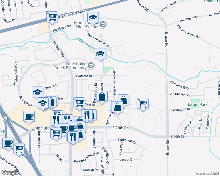 map of restaurants, bars, coffee shops, grocery stores, and more near 1800 Notre Dame Boulevard in Chico