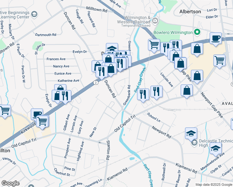 map of restaurants, bars, coffee shops, grocery stores, and more near 2107 Grafton Drive in Wilmington