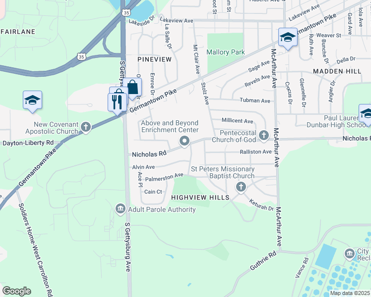 map of restaurants, bars, coffee shops, grocery stores, and more near 3800 Nicholas Road in Dayton