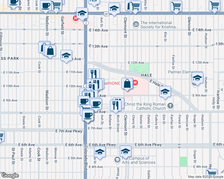 map of restaurants, bars, coffee shops, grocery stores, and more near 1055 Clermont Street in Denver