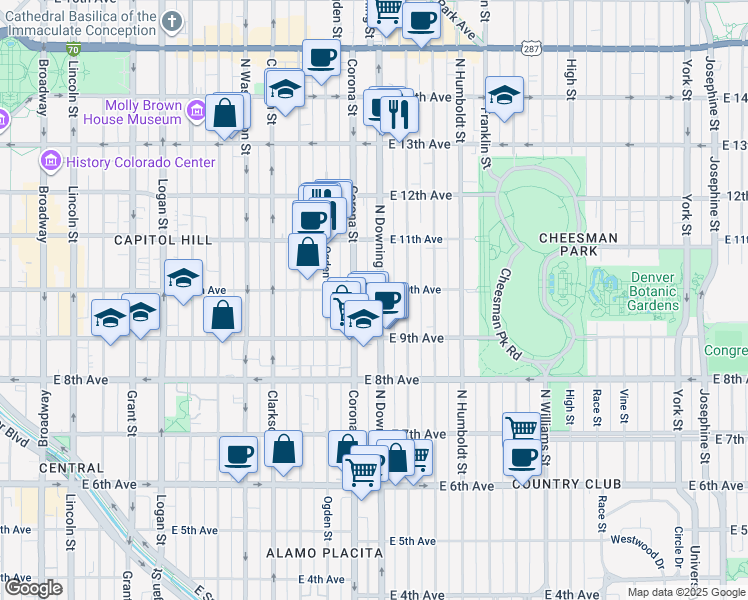 map of restaurants, bars, coffee shops, grocery stores, and more near 969 North Downing Street in Denver