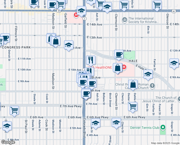 map of restaurants, bars, coffee shops, grocery stores, and more near 985 Albion Street in Denver