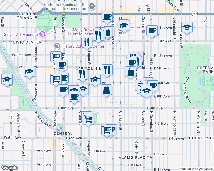map of restaurants, bars, coffee shops, grocery stores, and more near 960 Pearl Street in Denver