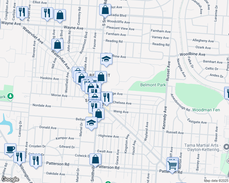 map of restaurants, bars, coffee shops, grocery stores, and more near 909 Highridge Avenue in Dayton