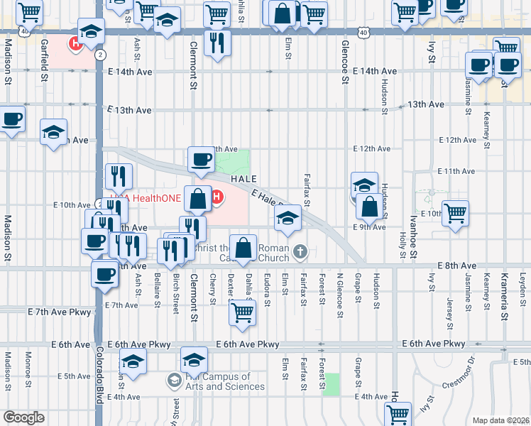 map of restaurants, bars, coffee shops, grocery stores, and more near 4800 East Hale Parkway in Denver