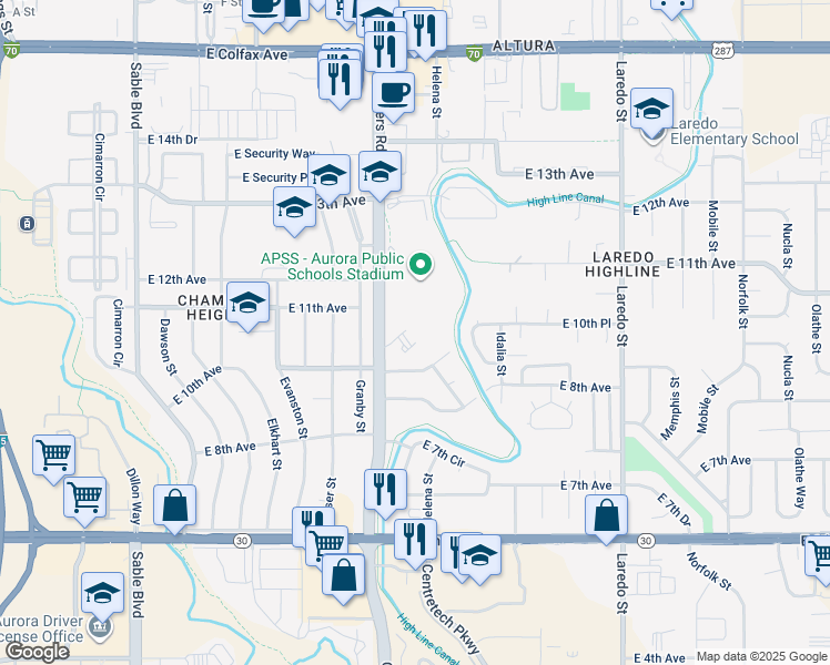 map of restaurants, bars, coffee shops, grocery stores, and more near 1064 Chambers Court in Aurora