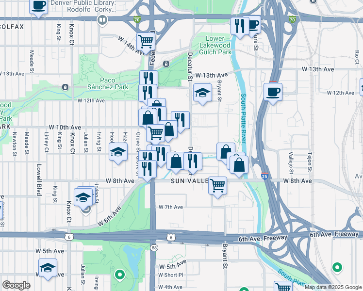 map of restaurants, bars, coffee shops, grocery stores, and more near 953 Decatur Street in Denver