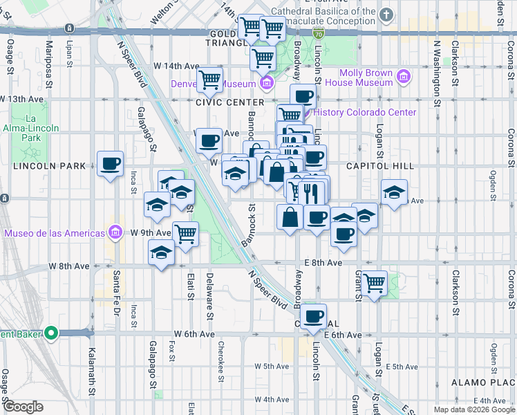 map of restaurants, bars, coffee shops, grocery stores, and more near in Denver