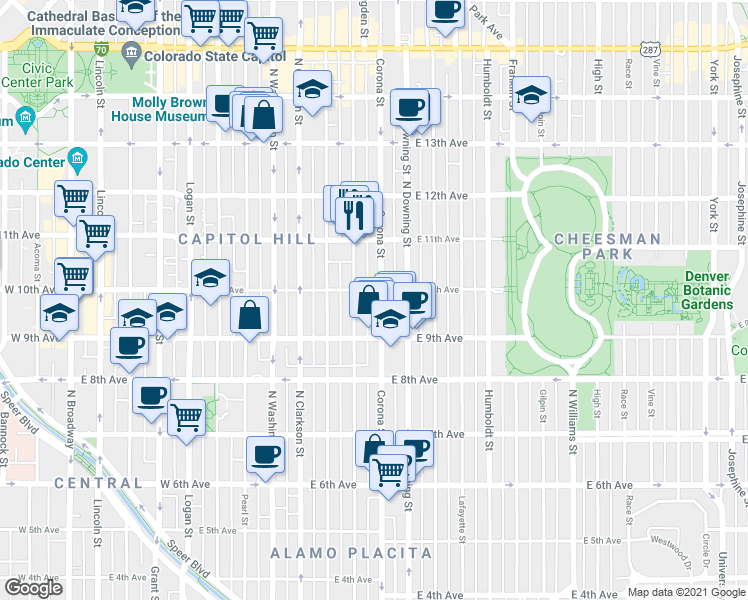 map of restaurants, bars, coffee shops, grocery stores, and more near 1050 East 10th Avenue in Denver