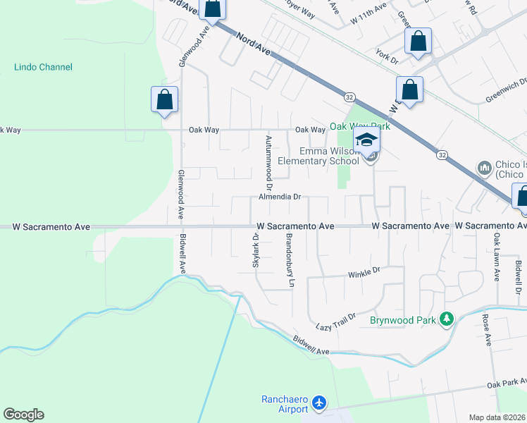 map of restaurants, bars, coffee shops, grocery stores, and more near 1037 Autumnwood Court in Chico