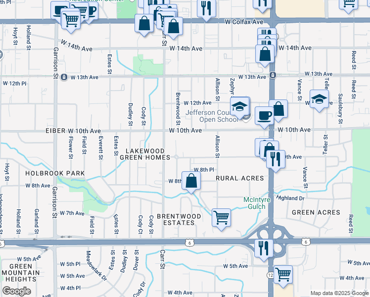 map of restaurants, bars, coffee shops, grocery stores, and more near 8201 West 9th Avenue in Denver