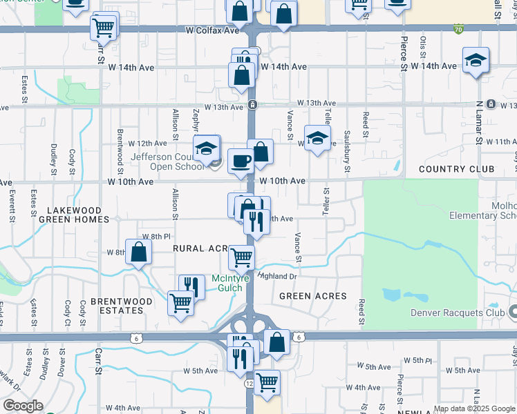map of restaurants, bars, coffee shops, grocery stores, and more near 940 Wadsworth Boulevard in Lakewood