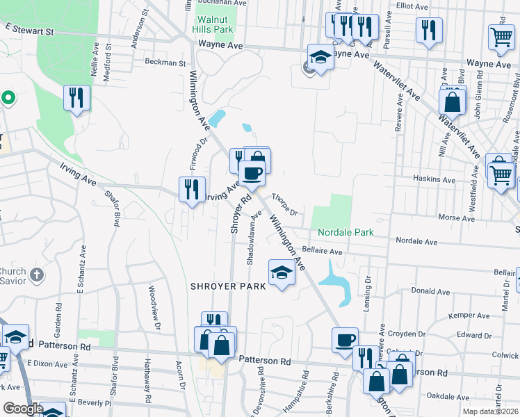 map of restaurants, bars, coffee shops, grocery stores, and more near 619 Wilmington Avenue in Dayton