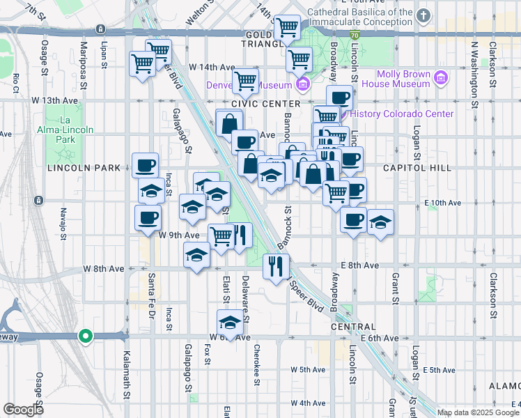 map of restaurants, bars, coffee shops, grocery stores, and more near 1000 North Speer Boulevard in Denver