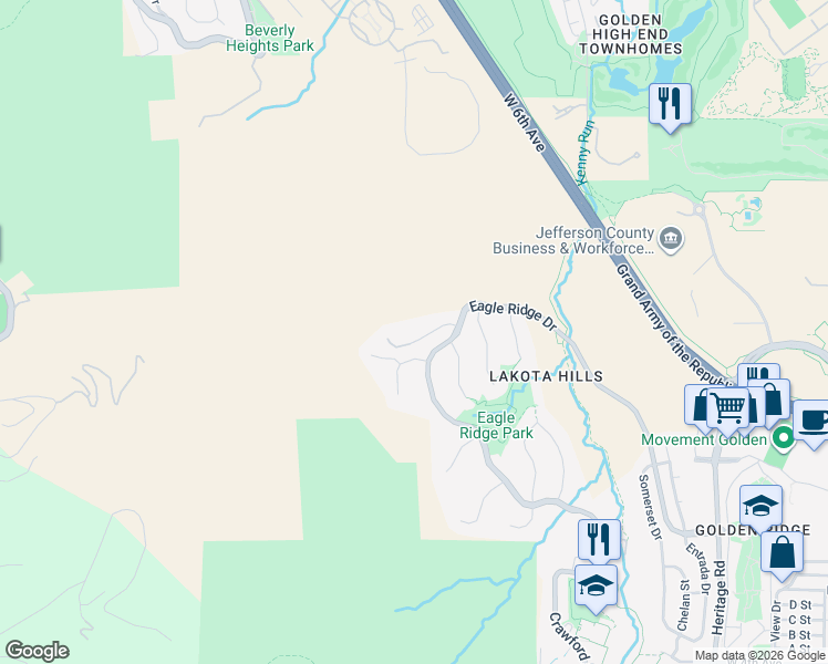 map of restaurants, bars, coffee shops, grocery stores, and more near 845 Shelton Road in Golden