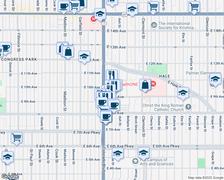 map of restaurants, bars, coffee shops, grocery stores, and more near 985 North Albion Street in Denver