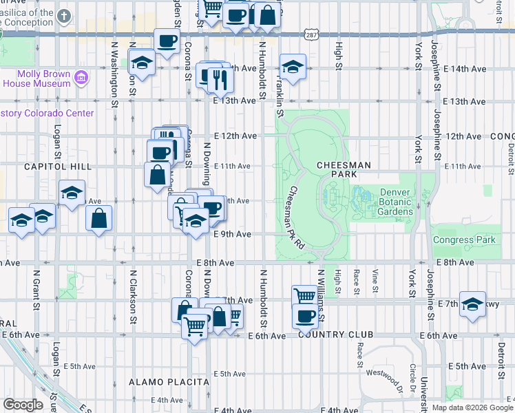 map of restaurants, bars, coffee shops, grocery stores, and more near 1500 East 10th Avenue in Denver