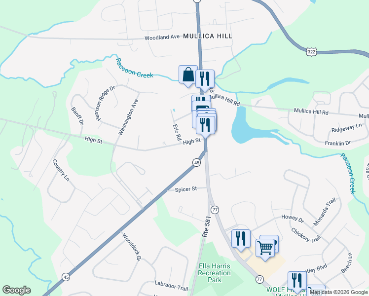 map of restaurants, bars, coffee shops, grocery stores, and more near 15 High Street in Harrison Township