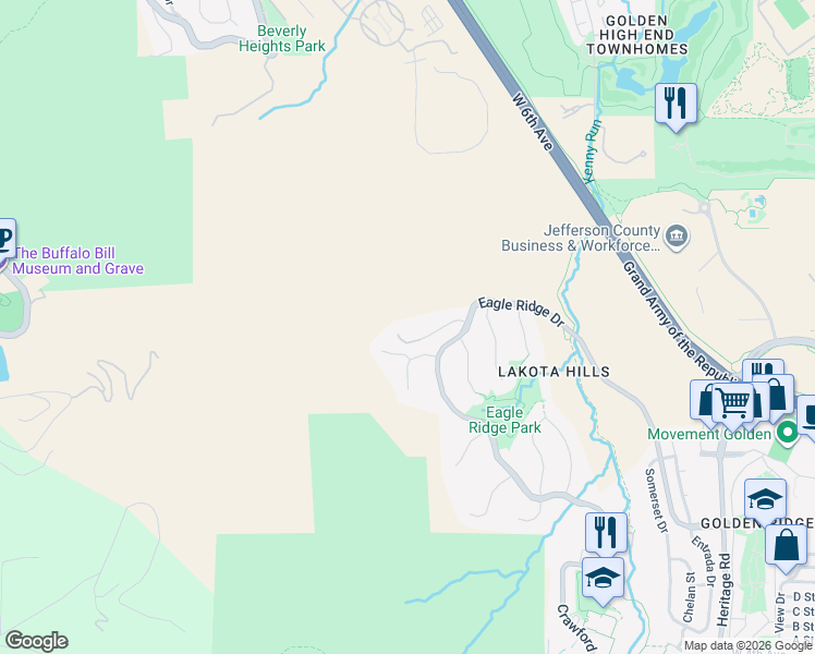 map of restaurants, bars, coffee shops, grocery stores, and more near 845 Shelton Road in Golden