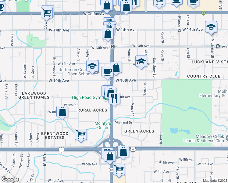 map of restaurants, bars, coffee shops, grocery stores, and more near 940 Wadsworth Boulevard in Lakewood