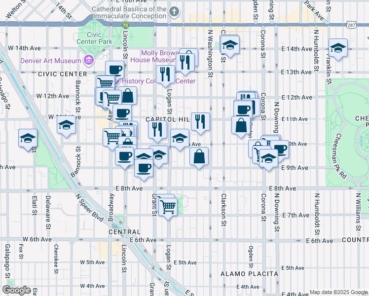 map of restaurants, bars, coffee shops, grocery stores, and more near 970 Pennsylvania Street in Denver