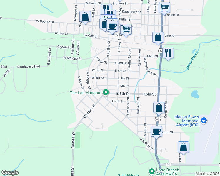 map of restaurants, bars, coffee shops, grocery stores, and more near 501 South Rollins Street in Macon