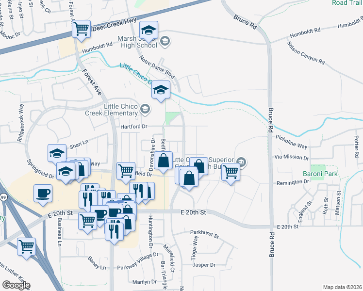 map of restaurants, bars, coffee shops, grocery stores, and more near 1802 Notre Dame Boulevard in Chico