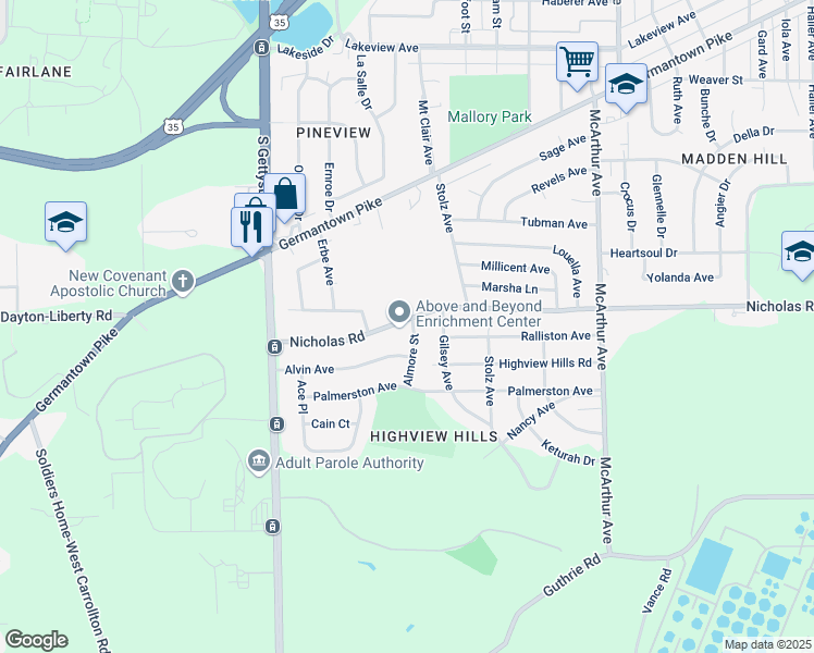 map of restaurants, bars, coffee shops, grocery stores, and more near 3800 Nicholas Road in Dayton