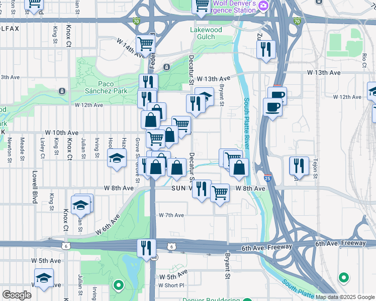 map of restaurants, bars, coffee shops, grocery stores, and more near 953 Decatur Street in Denver