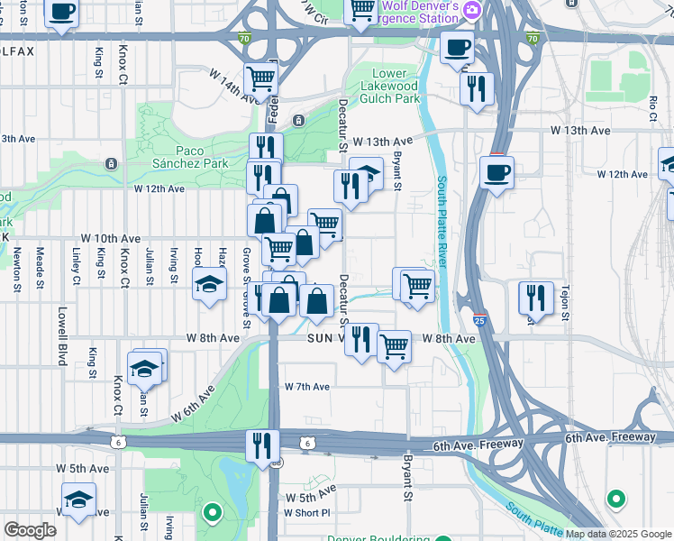 map of restaurants, bars, coffee shops, grocery stores, and more near 953 Decatur Street in Denver
