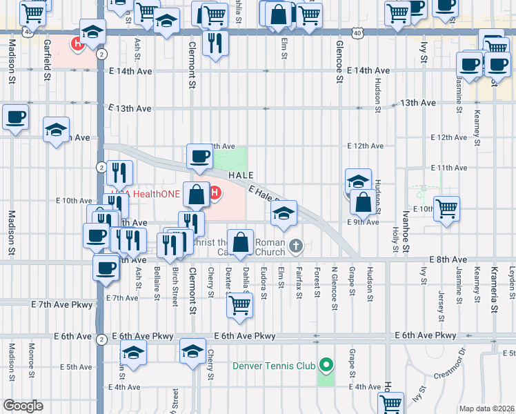 map of restaurants, bars, coffee shops, grocery stores, and more near 955 Eudora Street in Denver