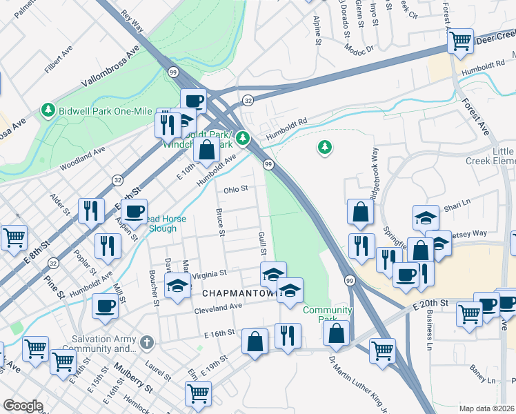 map of restaurants, bars, coffee shops, grocery stores, and more near Guill Street & Madison Street in Chico