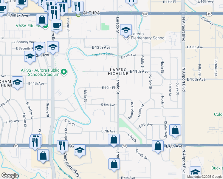 map of restaurants, bars, coffee shops, grocery stores, and more near 15995 East 10th Place in Aurora