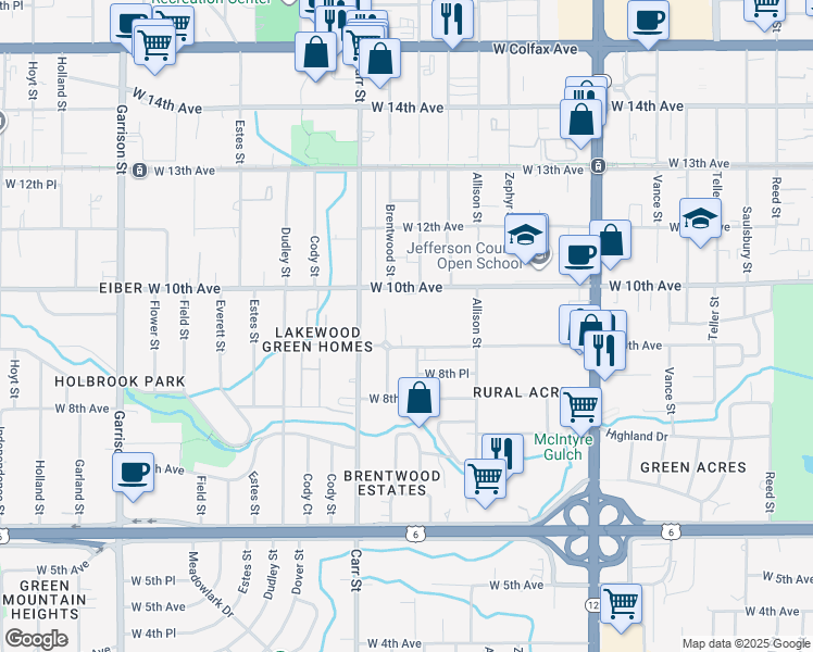 map of restaurants, bars, coffee shops, grocery stores, and more near 8181 West 9th Avenue in Lakewood