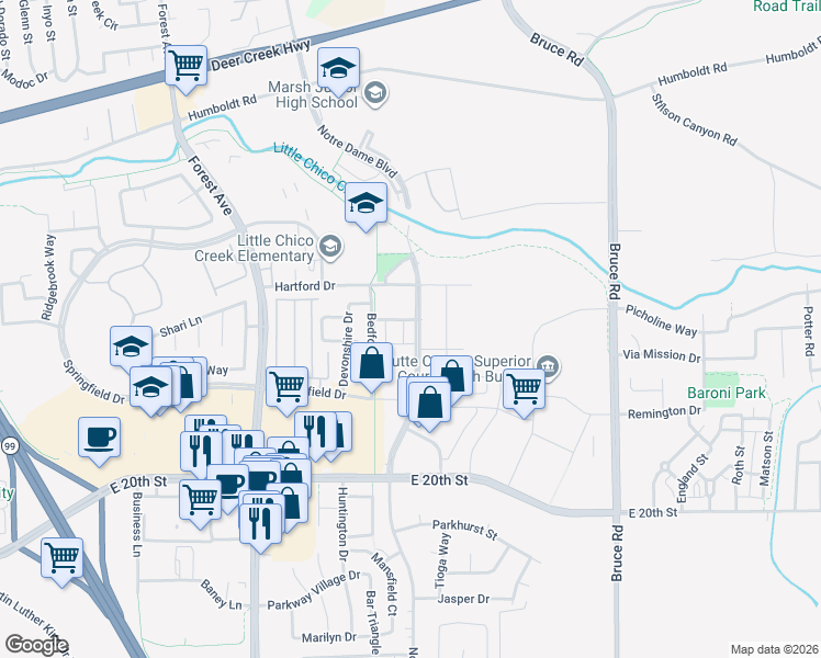 map of restaurants, bars, coffee shops, grocery stores, and more near 1802 Notre Dame Boulevard in Chico