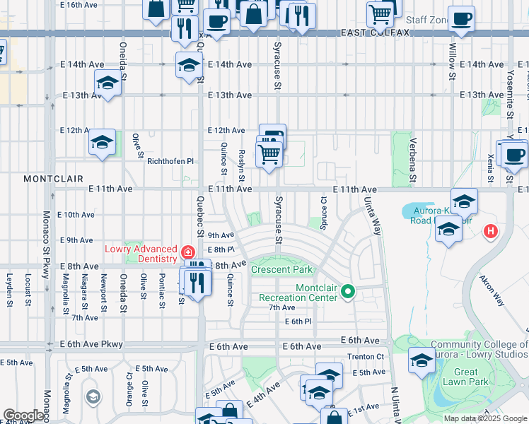 map of restaurants, bars, coffee shops, grocery stores, and more near 1006 Rosemary Street in Denver