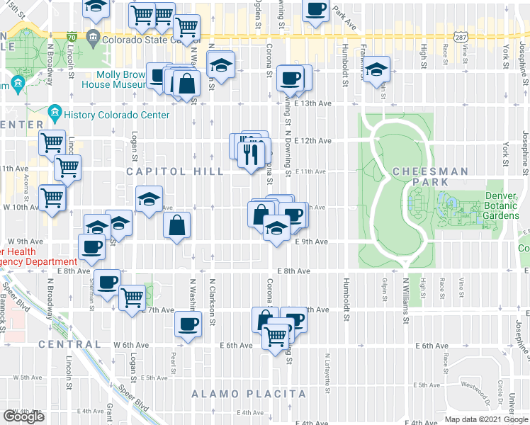 map of restaurants, bars, coffee shops, grocery stores, and more near 1050 East 10th Avenue in Denver
