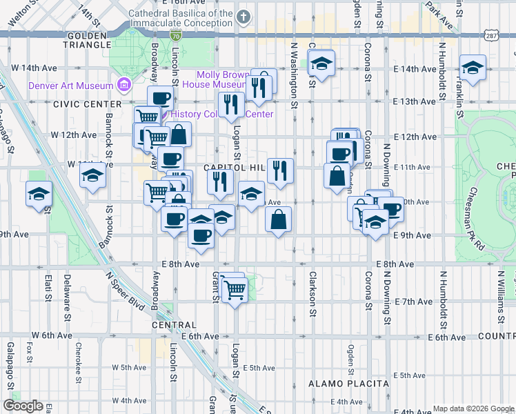 map of restaurants, bars, coffee shops, grocery stores, and more near 970 Pennsylvania Street in Denver