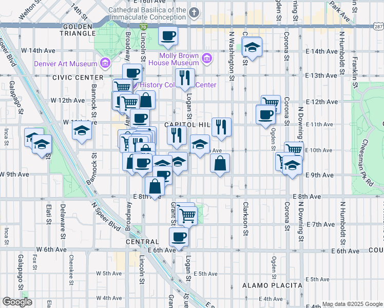 map of restaurants, bars, coffee shops, grocery stores, and more near 420 East 10th Avenue in Denver