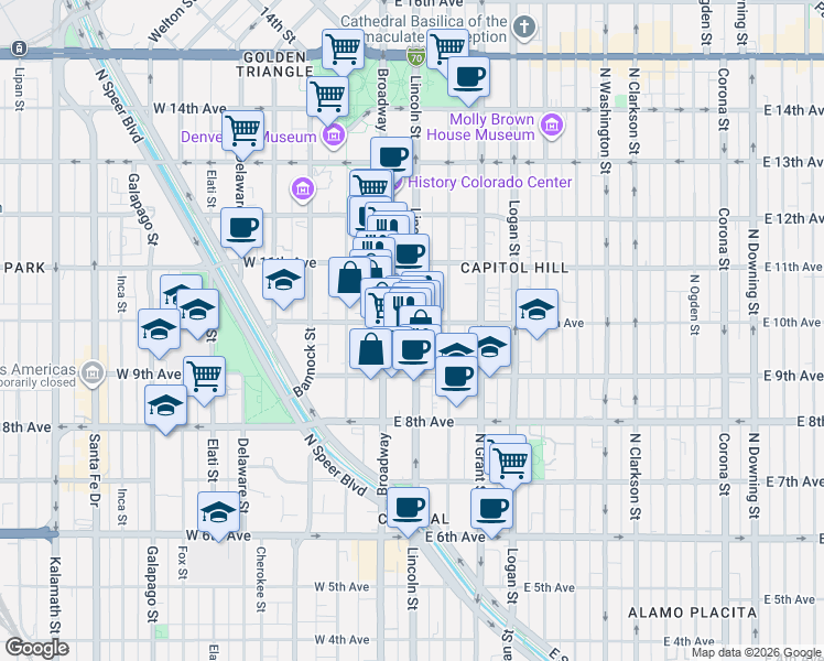 map of restaurants, bars, coffee shops, grocery stores, and more near 44 East 10th Avenue in Denver