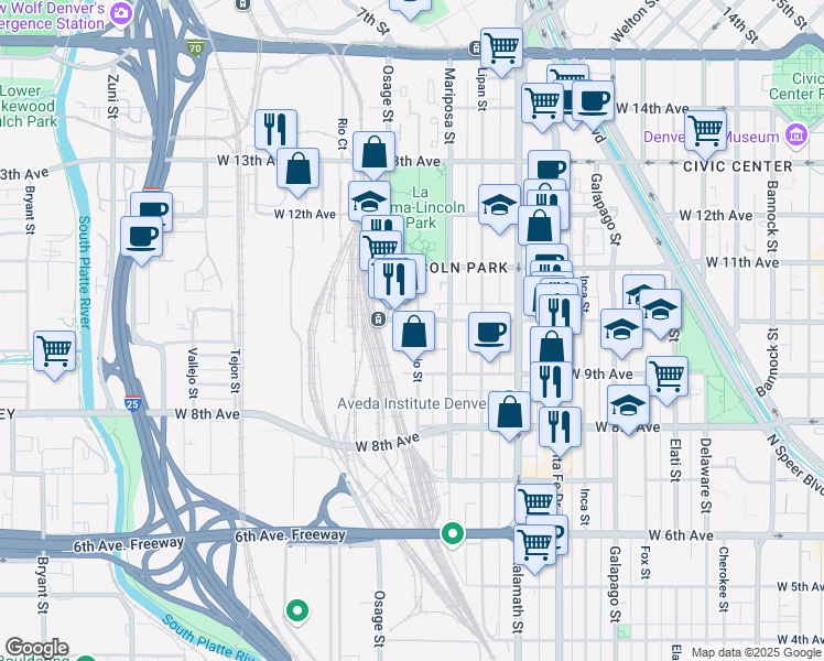 map of restaurants, bars, coffee shops, grocery stores, and more near 1322 West 10th Avenue in Denver