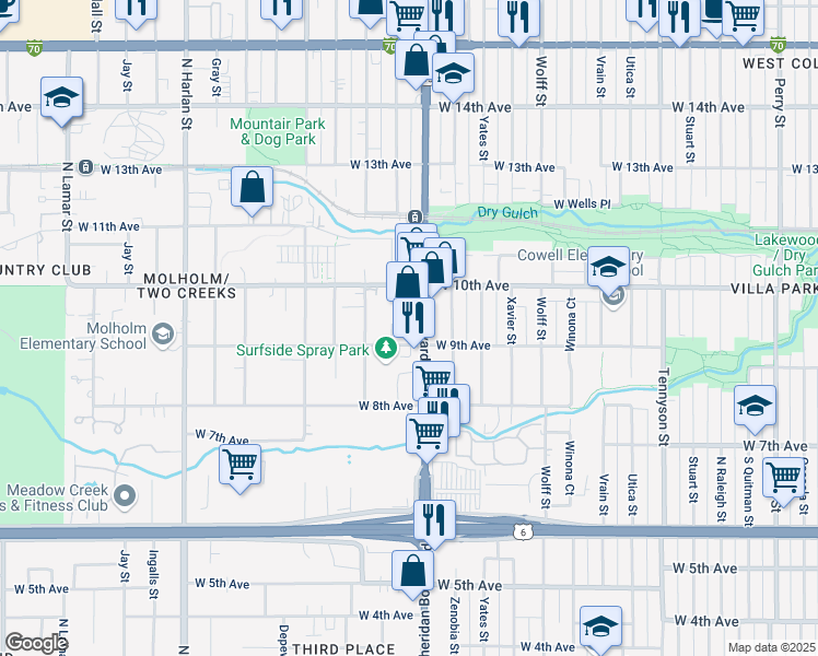 map of restaurants, bars, coffee shops, grocery stores, and more near 955 Sheridan Boulevard in Lakewood