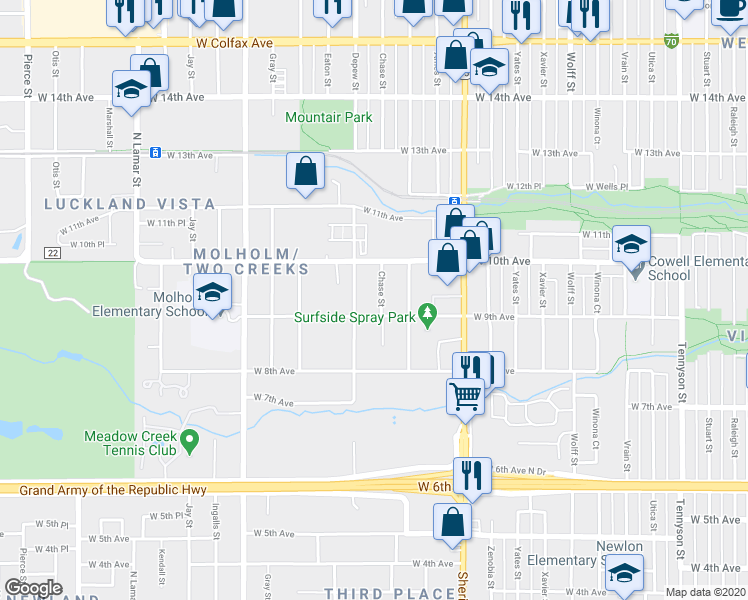map of restaurants, bars, coffee shops, grocery stores, and more near 945 Chase Street in Lakewood
