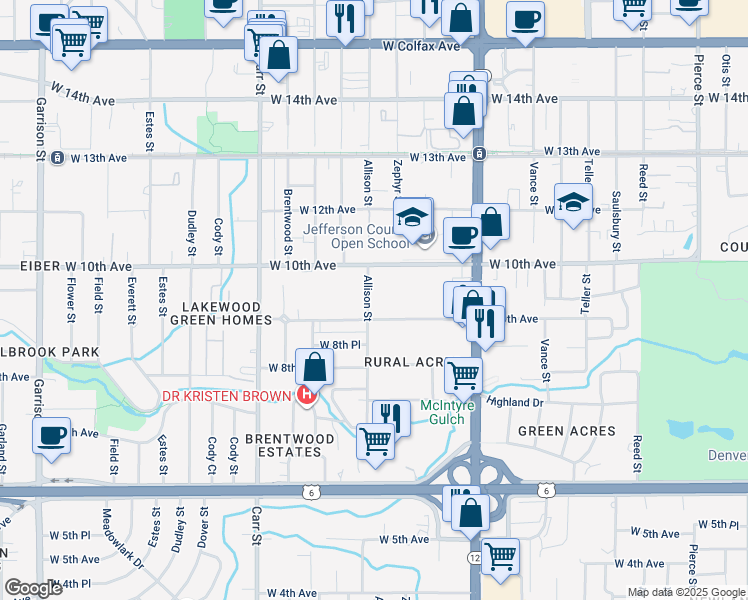 map of restaurants, bars, coffee shops, grocery stores, and more near 7920 West 10th Avenue in Lakewood